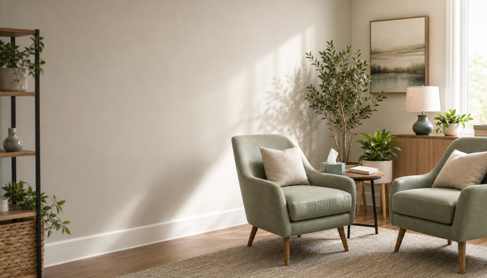 A calm therapy office with two chairs